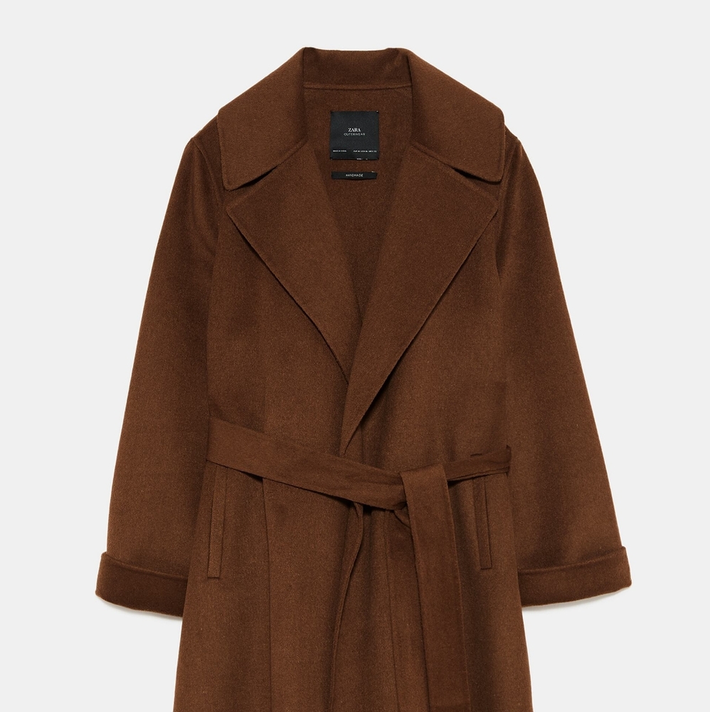 Zara long belted wrap coat brown